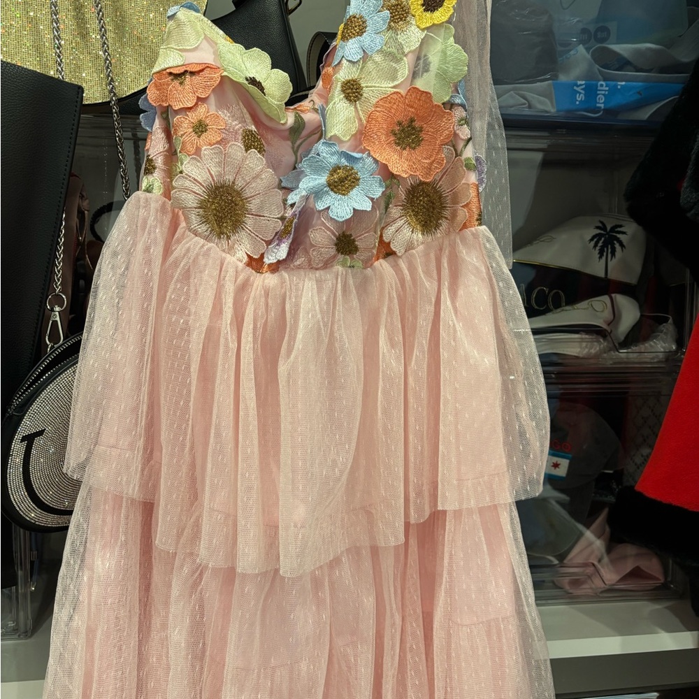 entro Pastel Pink Floral Appliqué Maxi Dress